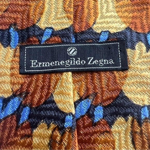 Ermenegildo Zegna 100% Silk Rust Brown Gold Blue Men's Necktie Tie Autumn Fall - Picture 10 of 11
